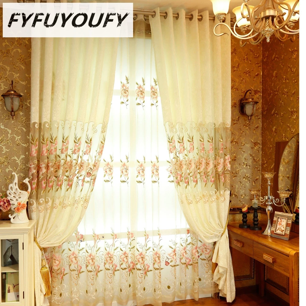 

FYFUYOUFY European pastoral curtain for bedroom Fine embroidery voile curtain for living room Shading Window fabric Flower tulle