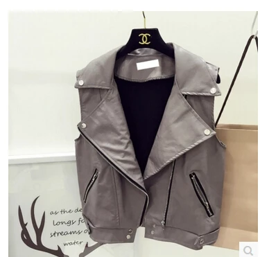 New 2017 Women Leather Vest Sleeveless Leather jacket Turn-down Collar Pockets colete feminino PU vest Waistcoat leather coat