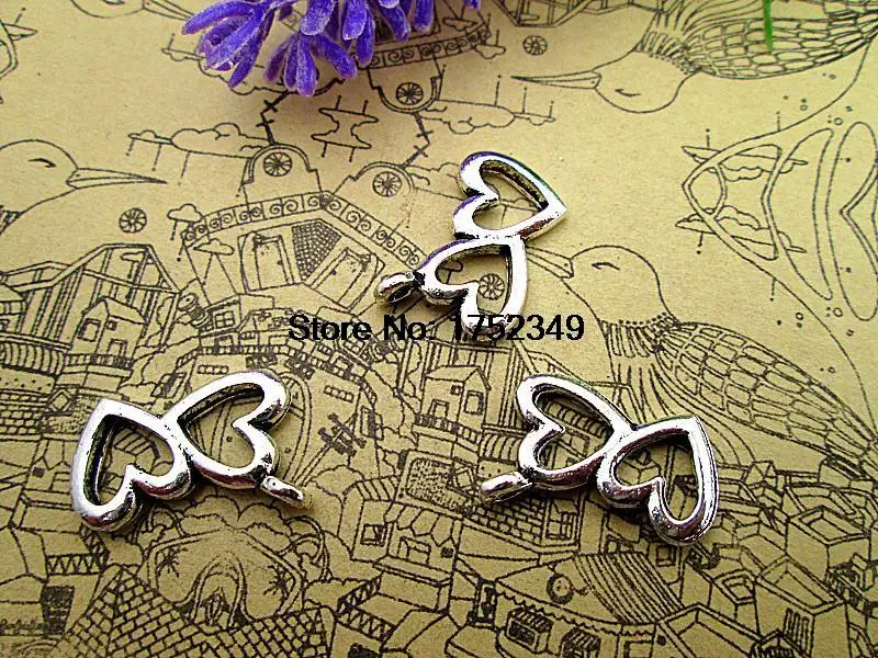 15pcs- Antique Tibetan Silver Hearts Charms Pendants, Double Hearts Charm Jewelry Making 18x13mm