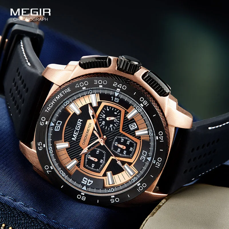 Megir maschi Mens cronografo orologi sportivi con movimento al quarzo elastico orologio da polso luminoso per uomo ragazzi 2056G-1N0