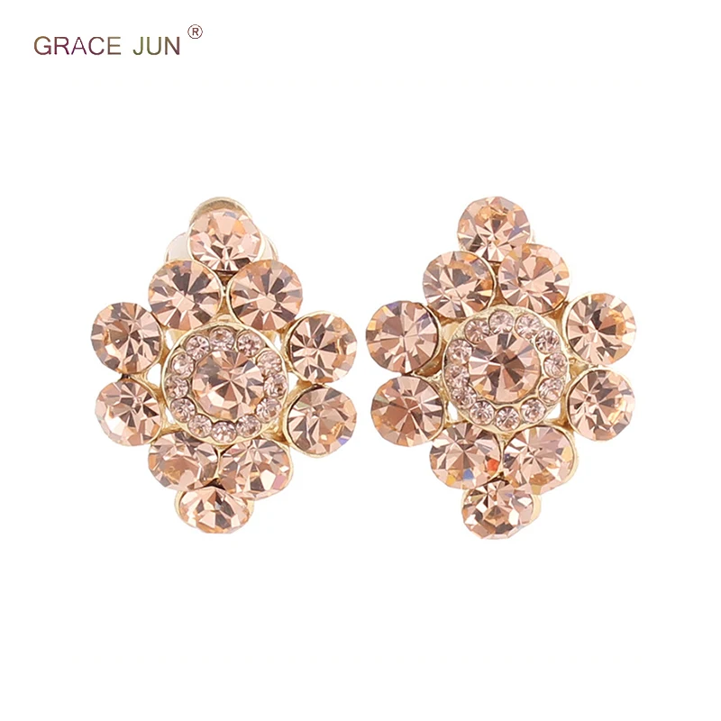 Top Quality Rhinestone Crystal Bokwnot Geometric Shape Clip on Earrings Non Pierced for Women Party Prom Charm No Hole Earrings