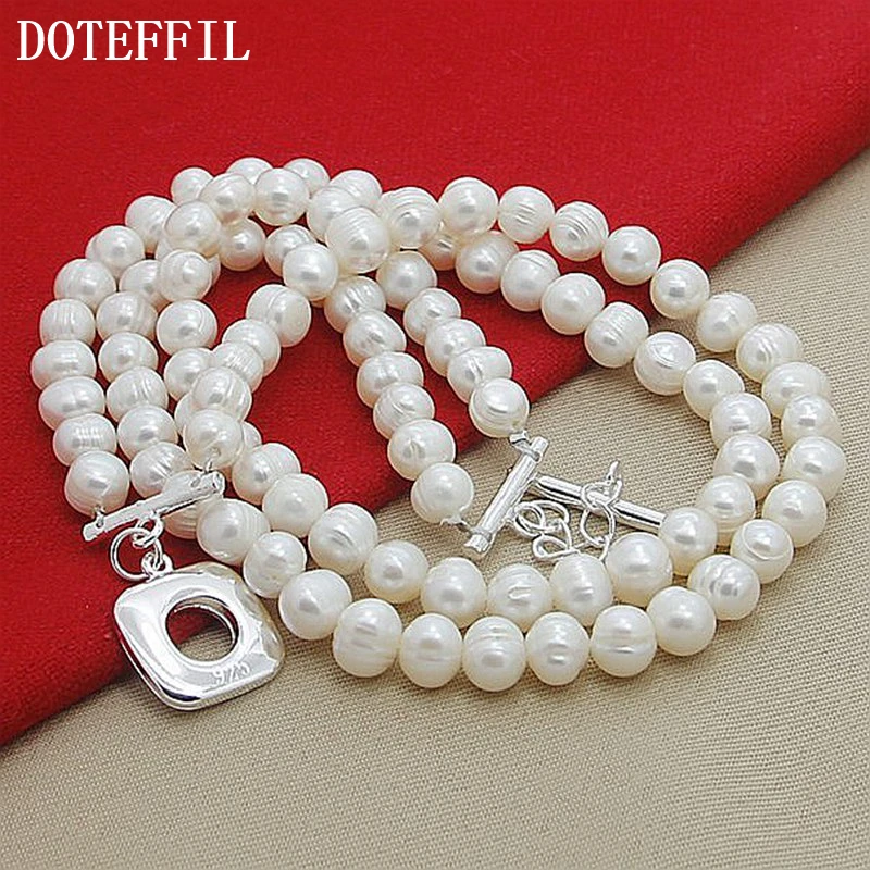 DOTEFFIL-Colar Duplo Branco Natural de Pérolas para Mulheres, Prata Esterlina 925, Moda Noivado de Casamento, Jóias Charm, 8mm