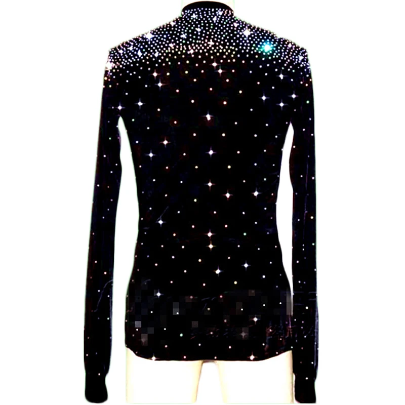 Latin Dance Shirts Men Black Long Sleeve V Neck Sequin Diamond Tops Ballroom Shirt Competition Performance Wear Customize DN2369