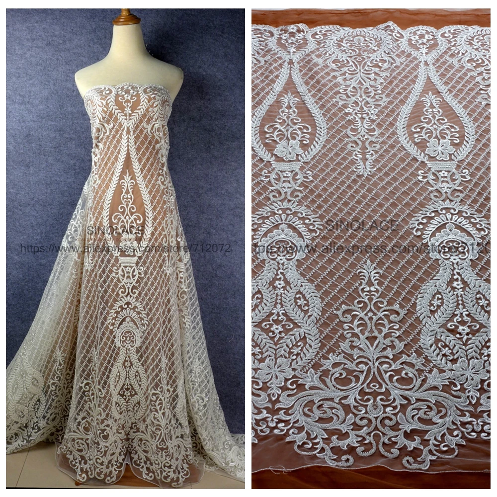 

La Belleza Off white heavy beaded lace evening/wedding dress handmade beading lace fabirc 51'' width beaded fabric