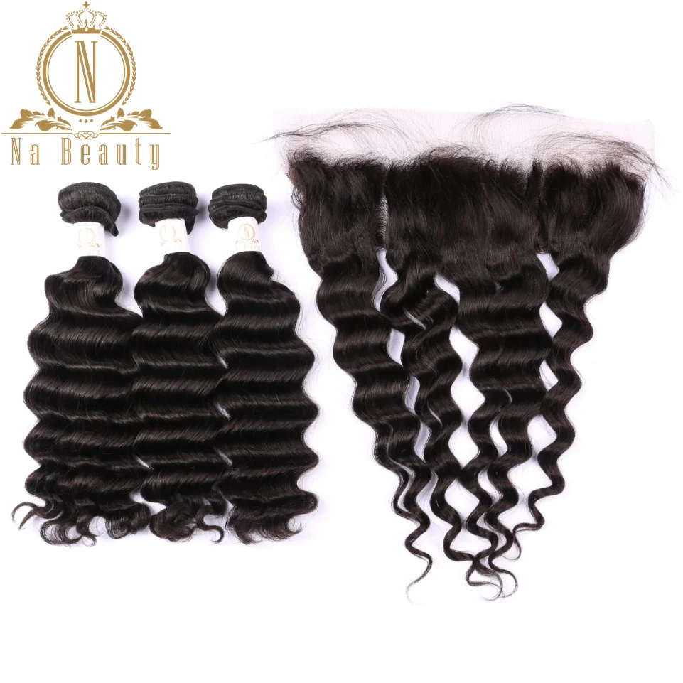 

Brazilian Human Hair Loose Deep Wave 3 Bundles With 13*4 Closure Front Lace Frontal Remy Hair Bundle Deals Pre Plucked For Women