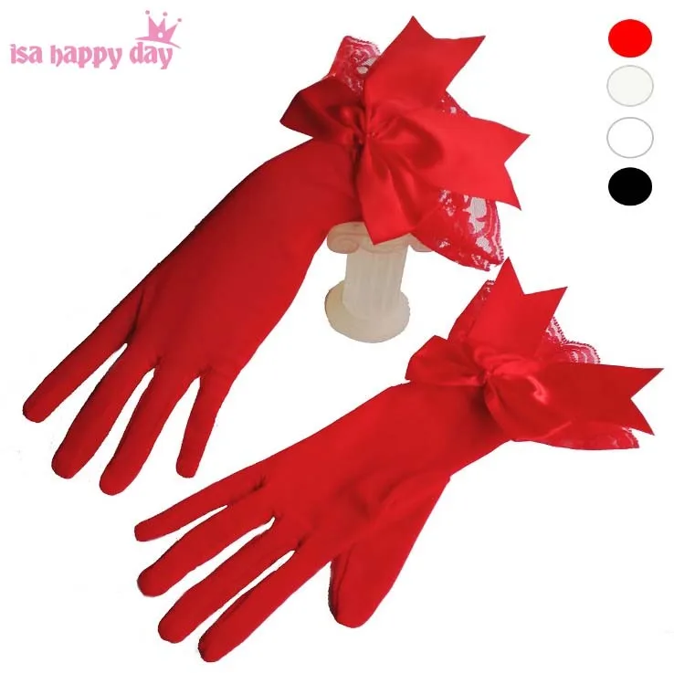 Guantes de novia de color blanco marfil, guantes cortos de encaje, elegantes, baratos, accesorios de fiesta de boda, longitud de muñeca negra y roja