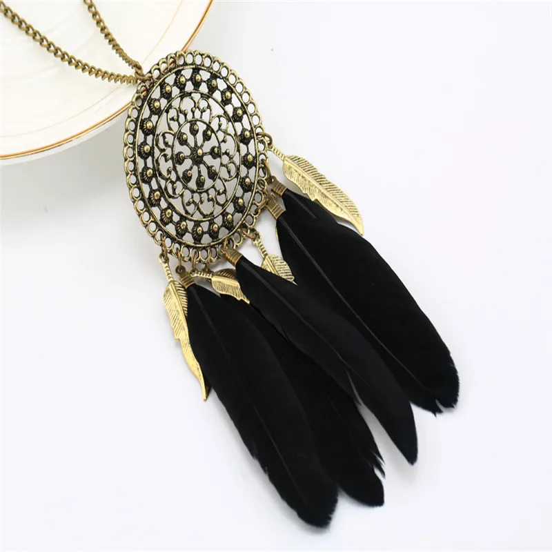 Fashion Boho Long Sweater Link Chains Vintage Feather Tassels Necklace Small Dream Catcher Pendant Necklaces Womens Jewelry