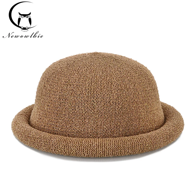 Fibonacci New Female Mushroom Brim Fedoras Cotton Linen Knit Summer Autumn Trilby Hat Dome Bowler Women Hats