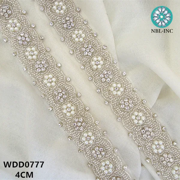 (10 yards)Wholesale hand beaded sewing silver rhinestone pearl applique trim iron on for wedding dress sash WDD0777