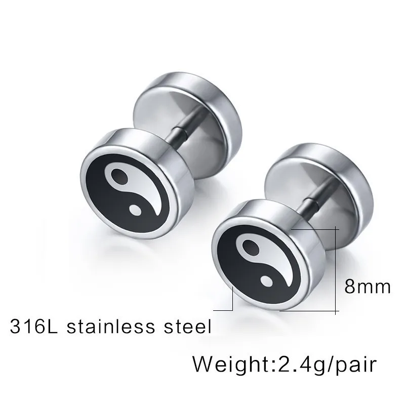 Vnox Chinese Yin and Yang Stud Earrings for Men Jewelry Stainless Steel Round Tai Chi brinco masculino