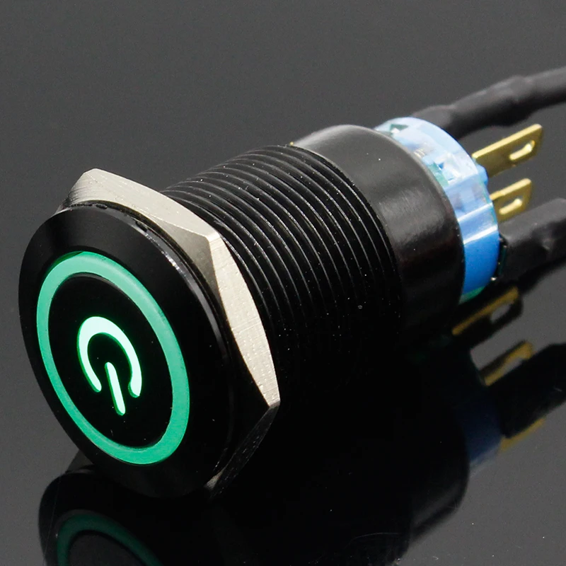 19mm Metal Alumina black press button Led power mark lamp button Momentary/Latching control PushButton Switch 5V 12V 24V 220V