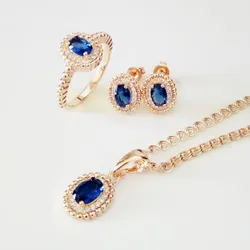 Luxury Trendy Women Jewelry Sets Office Style Rose 585 Gold Color Fashion Jewelry Blue Cubic Zirconia Earring/Necklace/Ring Sets