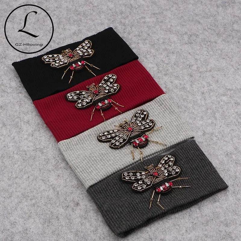 GZhilovingL New Solid Cotton Bee Bead Rhinestones Elastic Women Headbands Autumn Winter Stripped Ladies Hair Bands Accessories