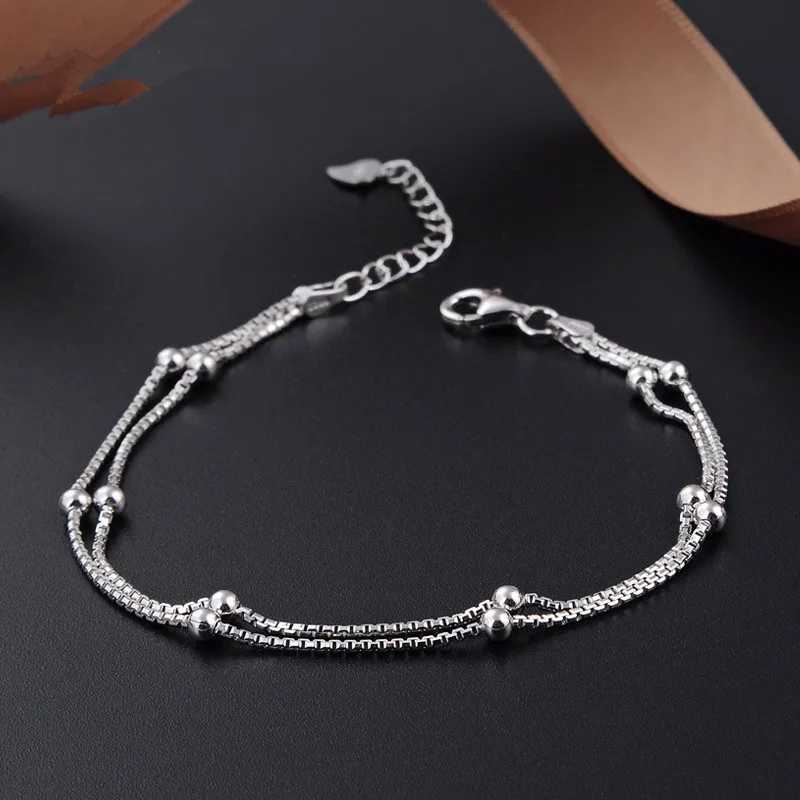 Sterling Silver Jewelry 925 Sterling Silver Bracelet Double Box Chain Bead Bracelet Women Fashion Jewelry Wholesale 5