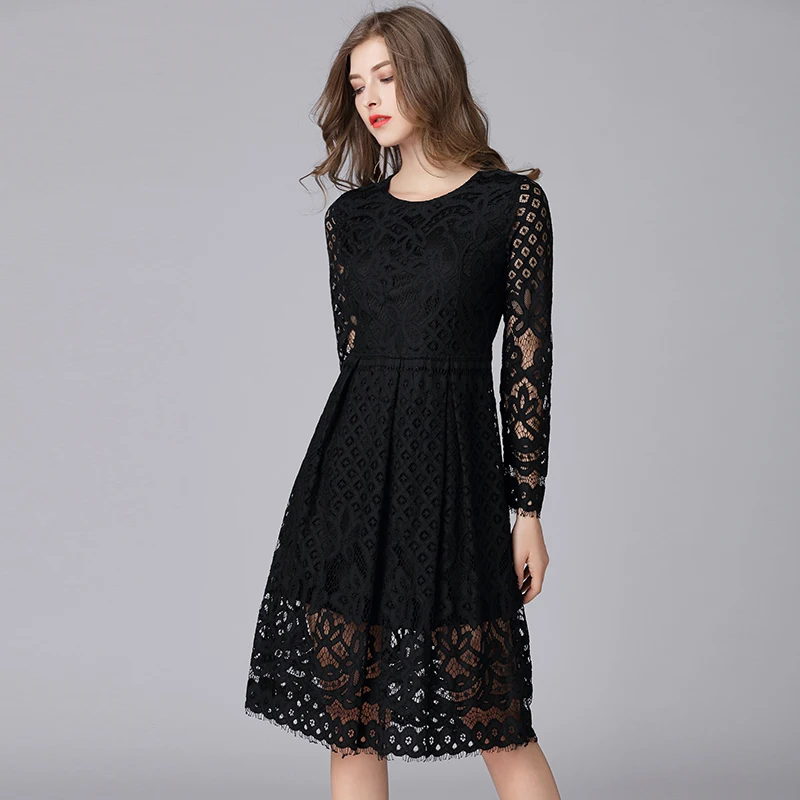 TAOYIZHUAI 2019 New Arrival Spring Plus Size L Full Sleeves Empire Hollow Out Casual Fashion Lace Solid Black Women Dress 14003