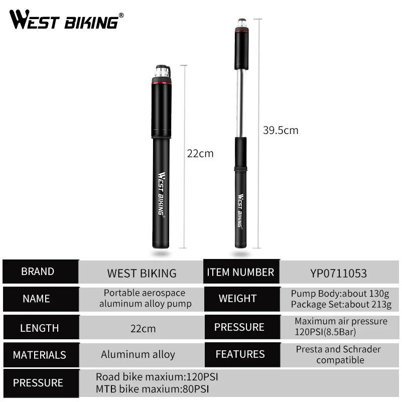 WEST BIKING Bike Pump Pressure Gauge Tube 120PSI Bicycle Pump Presta Schrader Hose Cycling Tire Air Inflator Road MTB Bike Pump