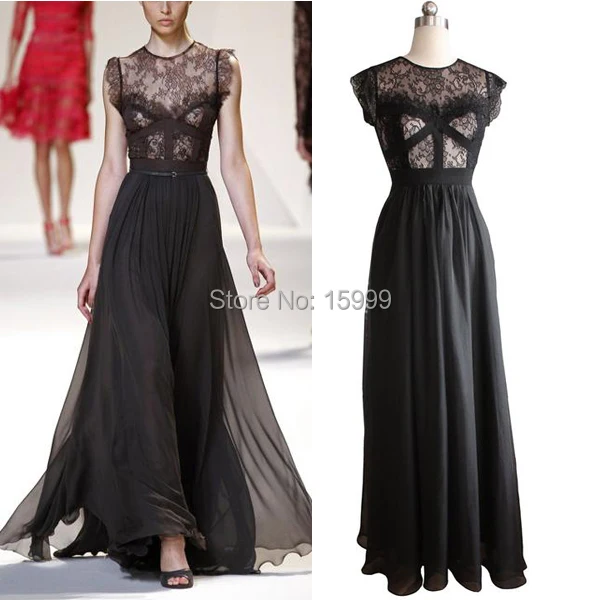 Luxe Sexy See Through Criss Cross Schede A-lijn Lace Zwarte Avond Vrouwen Party Prom Chiffon Jurk Voorraad Gratis Verzending