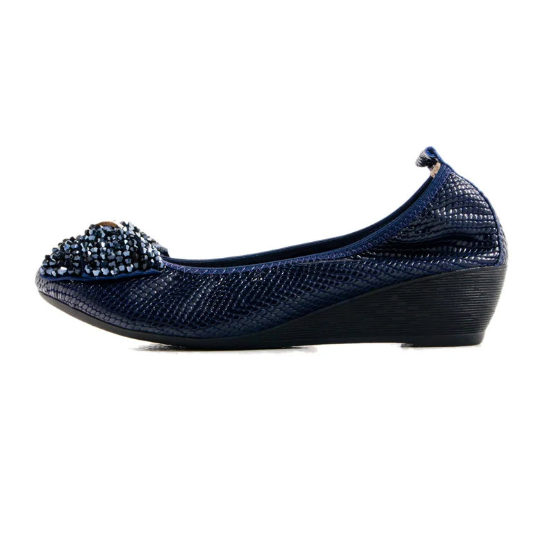 Women Real Leather Wedge Shoes Soft High Heels Casual Pumps Women Shoes 2024 Spring String Bead Bow Female Driving Footwear Blue