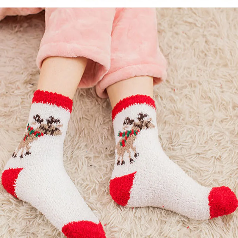 6 Pairs Of A Pack Christmas Lovely Female Winter Soft Cartoon Socks Coral Cashmere Sock For Christmas Festival Gifts