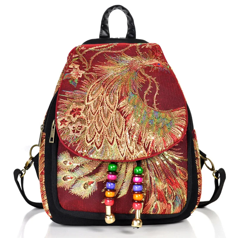 Veowalk Peacock Sequins Embroidered Women\'s Canvas Backpacks, Ladies Floral Rucksacks Woman Small School Back Bag Bagpack