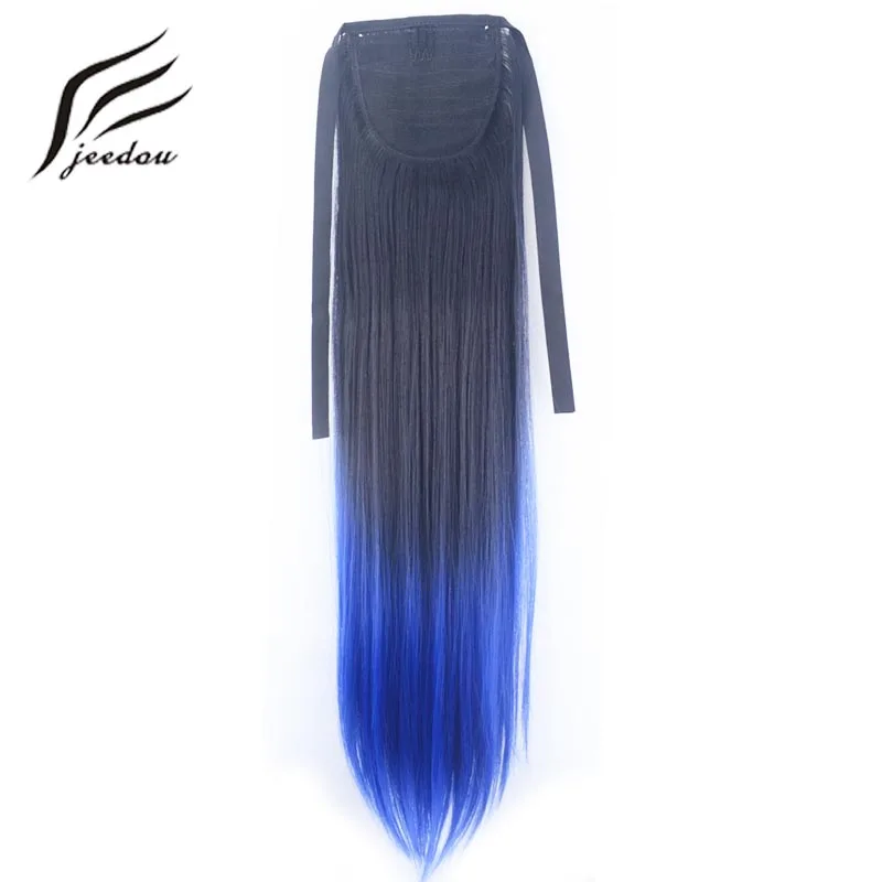 Jeedou Ombre colore sintetico coda di cavallo estensione capelli lunghi dritti coda di cavallo blu rosa graduale Womean falsi capelli