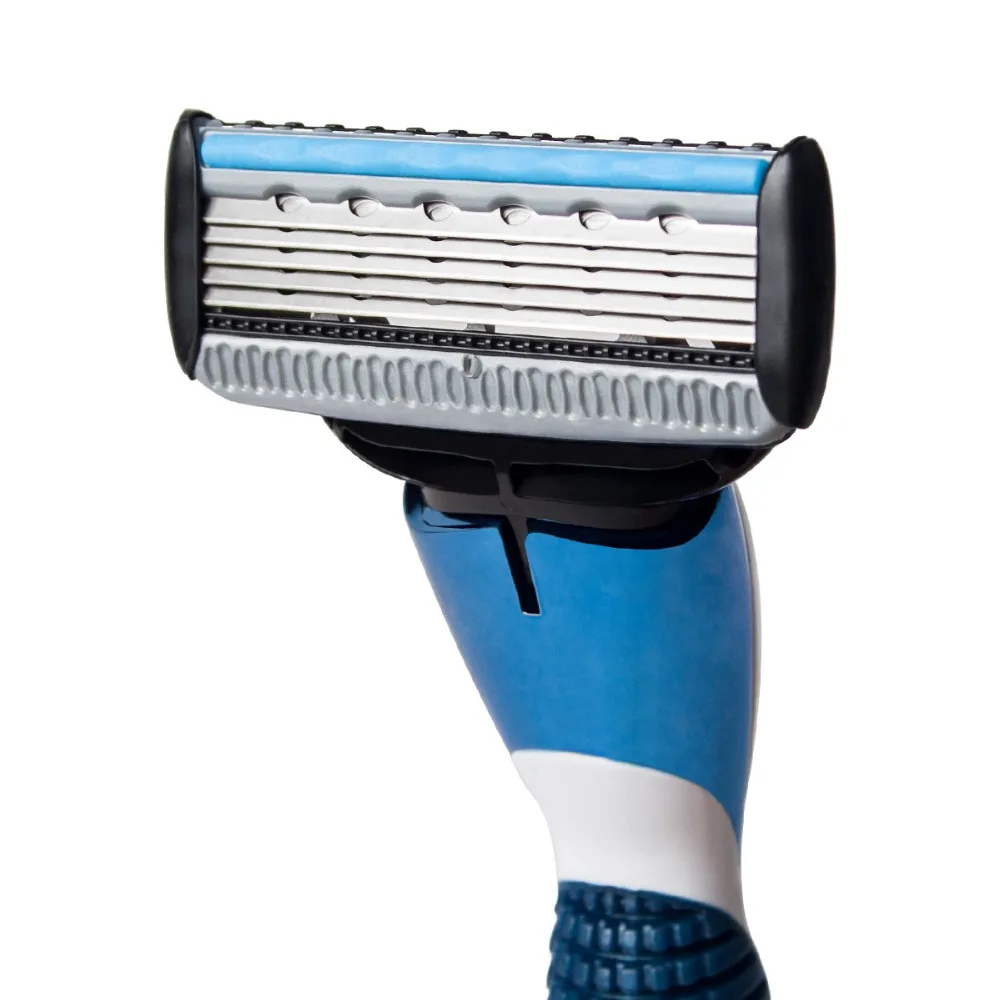 QShave Blue Men Shaving Razor Can Design Your Name on Handle, 1 Handle & 6 Cartridges(5pcs X3 Blade, 1pc X5 Blade, 1pc Handle)