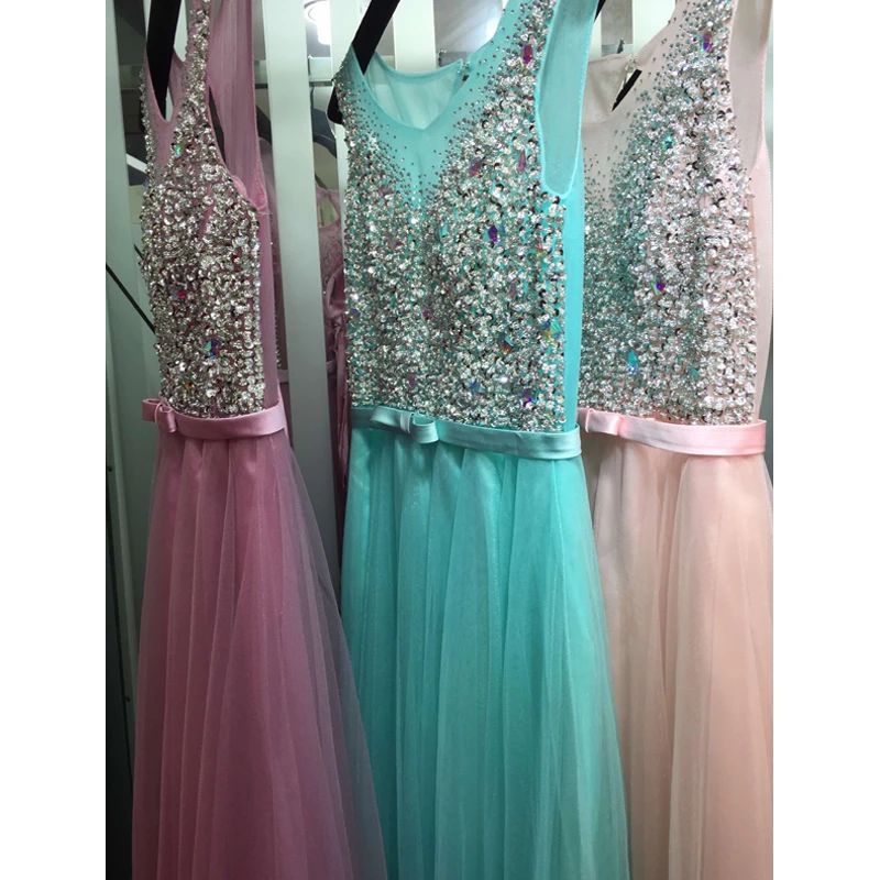 New Sexy Luxury Long Style Tulle Evening Dress with Bling Bead and Crystal Pearl Floor Length for Prom Party