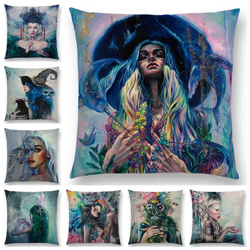 Gorgeous Oil Painting Cushion Cover Miracle Girl Wonder Beauty Magic Witch Beautiful Queen Narwhal Cat Swan Sofa Pillow Case