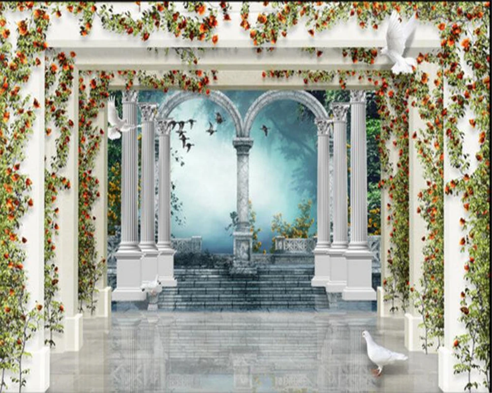 

Beibehang Home decoration wallpaper European style 3d Roman column garden rose TV backdrop wallpaper for walls 3 d papel tapiz