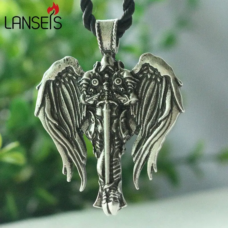 1pcs lanseis dropshipping Celt Cross men necklace Irish Cross With Angel Wings pendant Diablo Archangel protect talisman jewelry