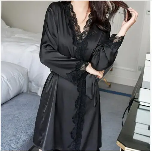 1620 Women\'s Satin Silk Woman Lace Robe Female Lace Bathrobe Womens Robes Sleepwear Ladies Sexy Robe For Women Drop Shippin