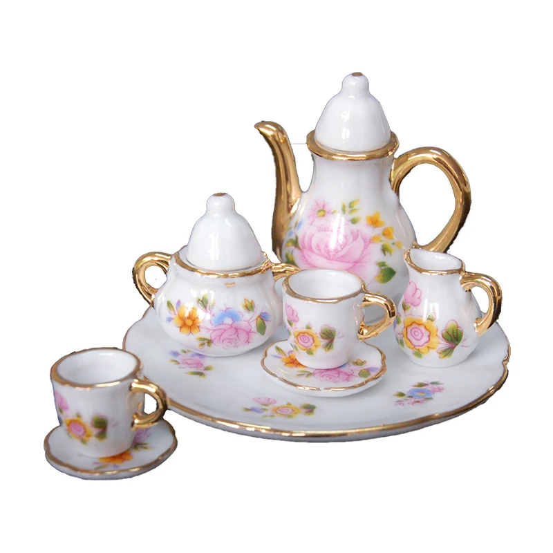 

ILAND 1:6 Dollhouse Miniature Accessory Tea Set Porcelain With Pot Cup Saucer Dish For Fashion Doll China