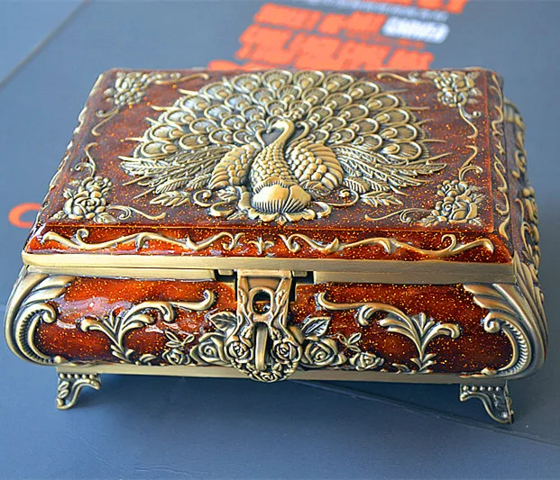 

Europe Retro Peacock pattern metal jewelry storage box jewelry organizer case Ring earrings necklace table decoration box Z117B