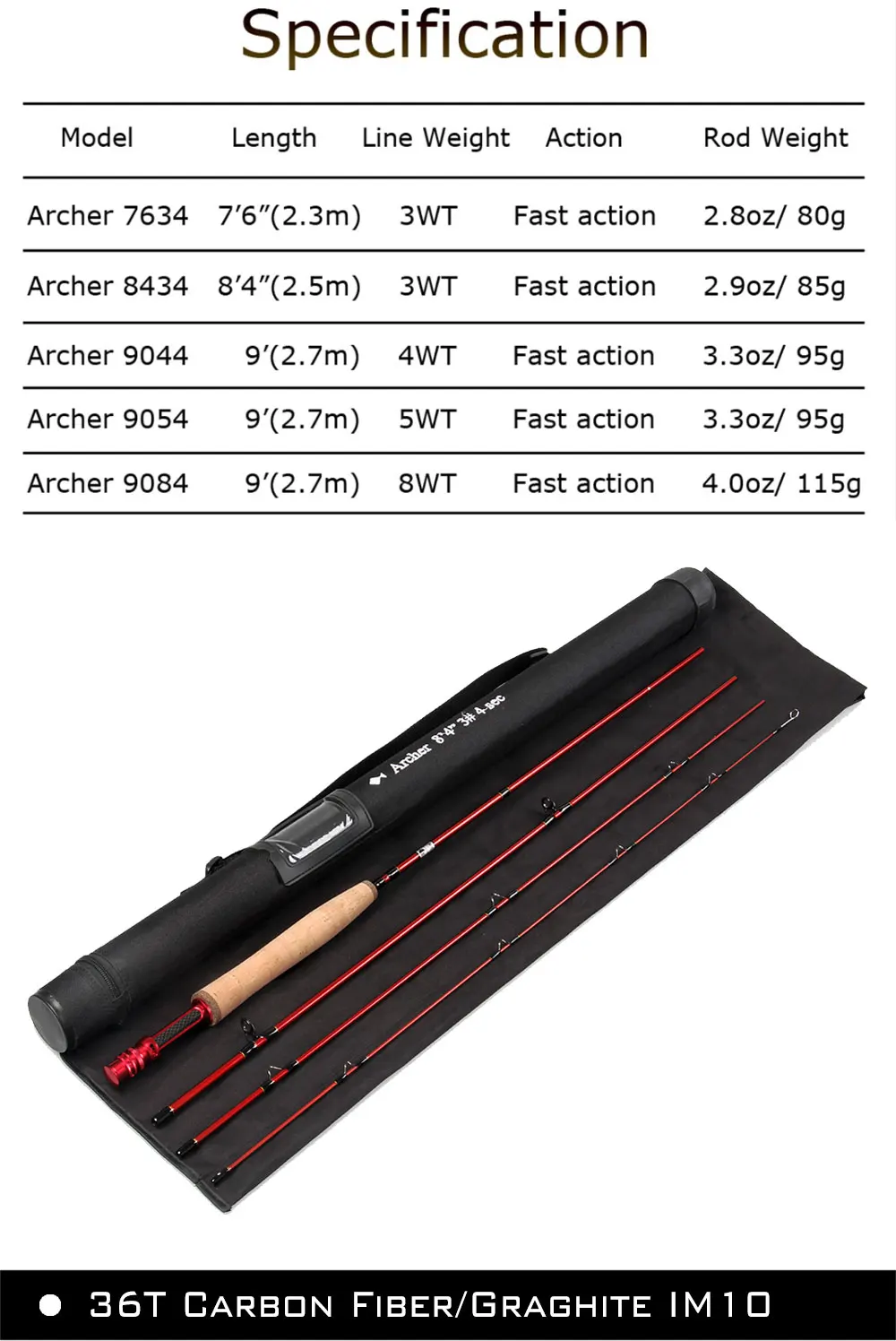 Archer Fly Fishing Rod Red 4 Section Fishing Tools Fast Action Fly Rod Graphite IM 10/36T Carbon Fiber Stream 9' 4WT 8'4