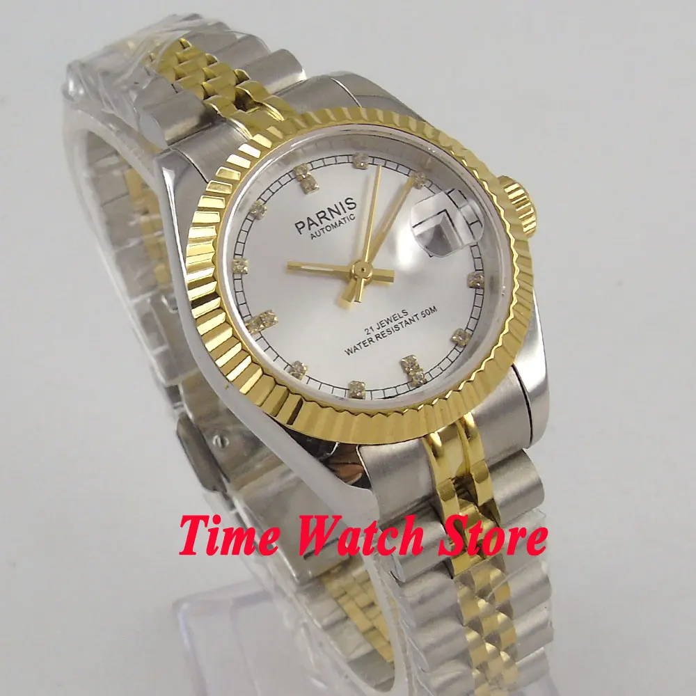 Parnis 26mm Ladies Watch  Miyota 6T51 Sapphire Glass Automatic Movement Womens Wristwatch Date Silver Dial Golden Bezel