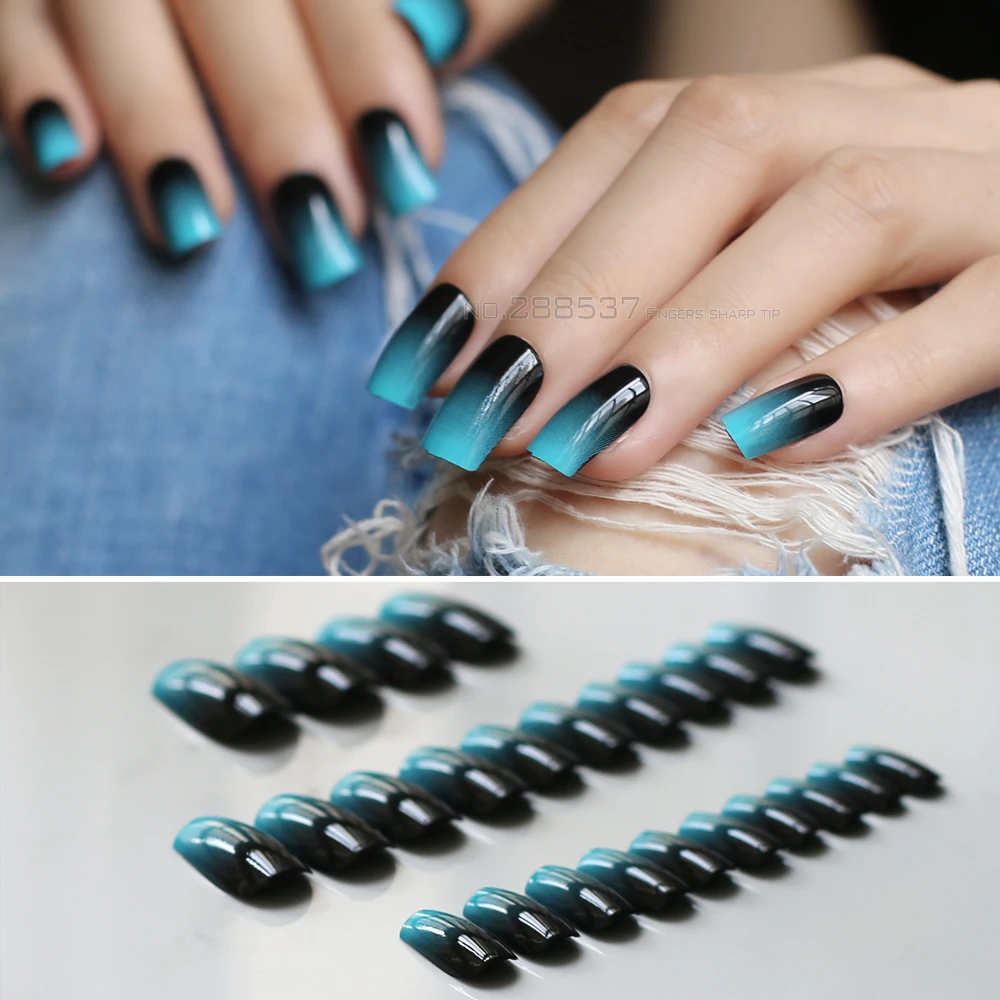 Gradient blue black false nails Natural pink fake nail Square Long section Milk white free Stickers