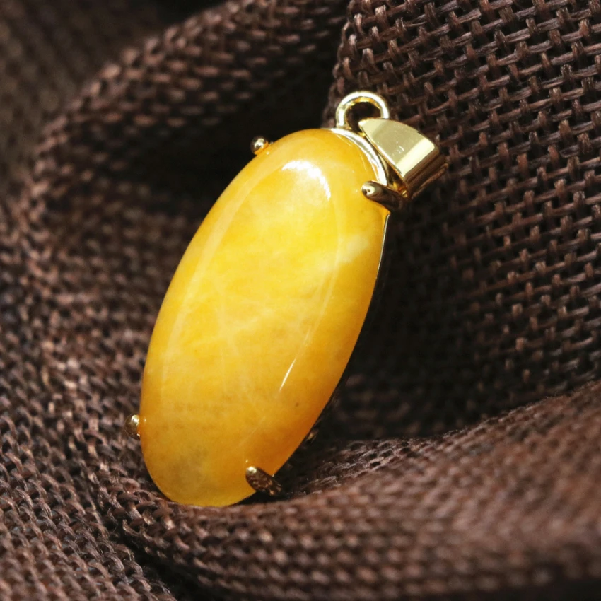 new women drop pendant yellow jades stone oval shape fit diy chain necklace gold-color jewelry 15*30mm B1851