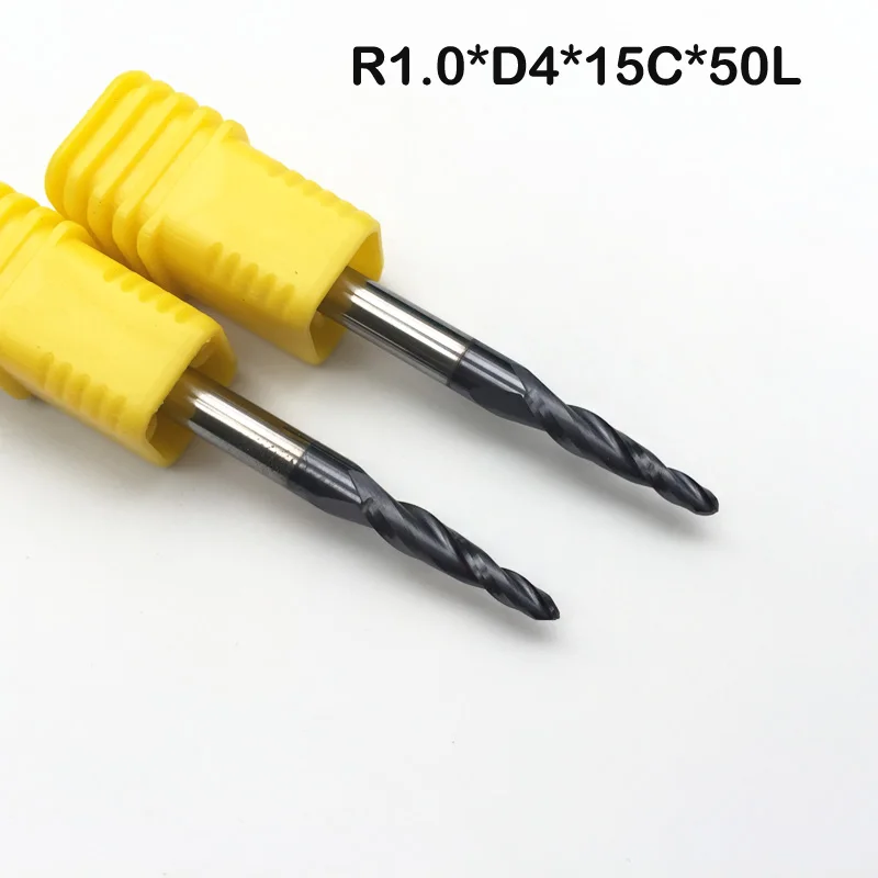 

2pcs HRC55 R1.0*D4*15*50L*2F Tungsten solid carbide NANO Coated Tapered Ball Nose CNC Router End Mills taper and cone endmills