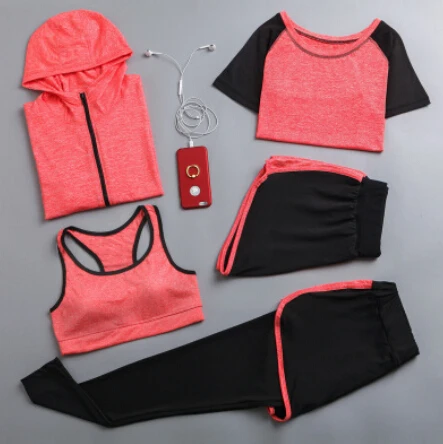 Cappotti con cappuccio da donna + maglietta + reggiseno + pantaloncini + pantaloni set da yoga abbigliamento sportivo ad asciugatura rapida