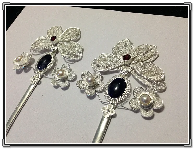 Buttefly Love Flower 1pc Only Imitate Ming Unearthed 999 Fine Silver Hair Stick Handmade Antique Wire Inlay Hair Accessories