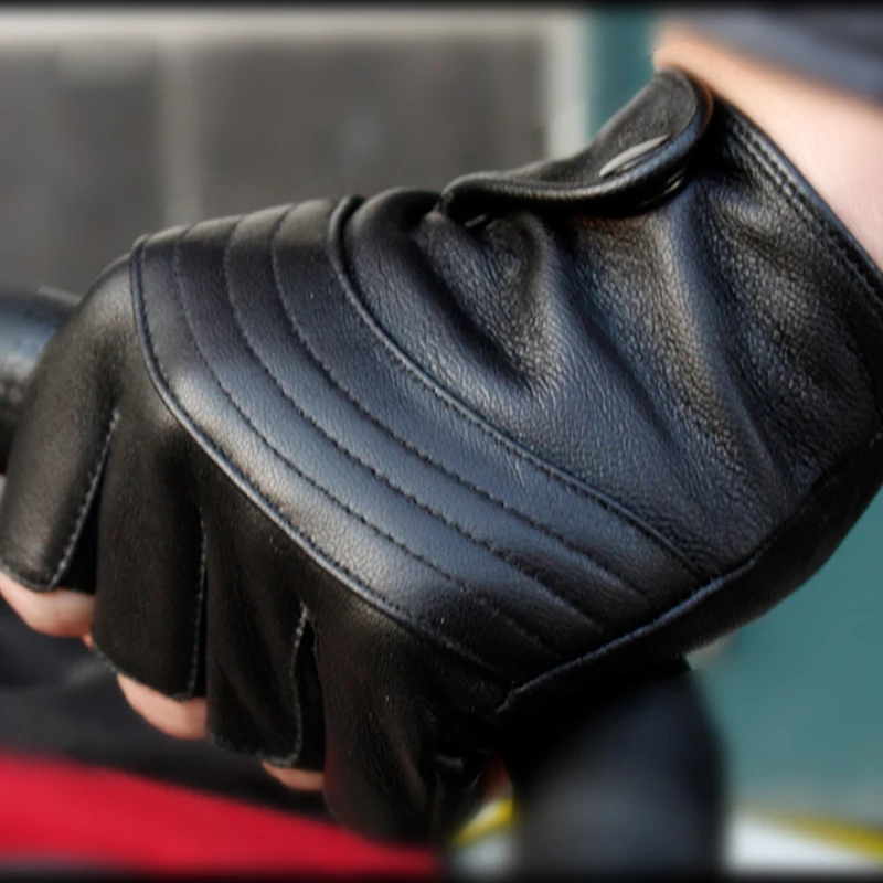 NEW Genuine Leather Semi-Finger Men Gloves Classic Black Half Finger Sheepskin Fashion Trend Driving Leather Gloves TB02