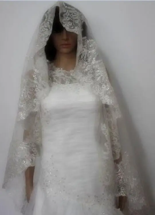 2019 Berkualitas Tinggi Vintage Payet Renda Pengantin Tudung Satu Tingkat Putih Elegan Gereja Gading Pernikahan Gaun Kerudung 3 M