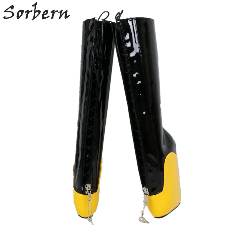 Sorbern Fetish Woman Wedge Heelless Boots Plus Size Lockable Zipper Exotic Heels Crossdresser Platform Womens Knee High Boots