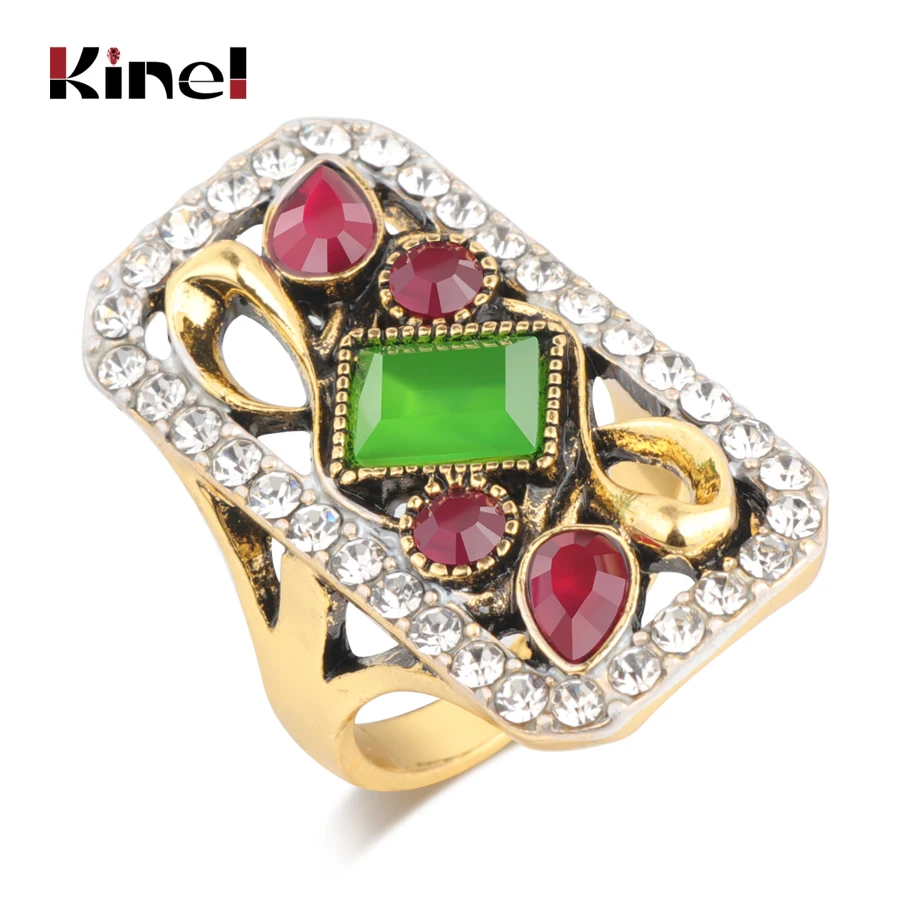 Kinel Hot Green Big Vintage Wedding Rings For Women Antique Gold Color Mosaic White Crystal Fashion Turkey Jewelry Love Gift