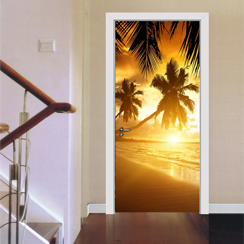 Palm Tree Sunrise Beach Landscape 3D PVC Waterproof Door Sticker Home Decor Living Room Bedroom Poster Wall Paper Self-adhesive