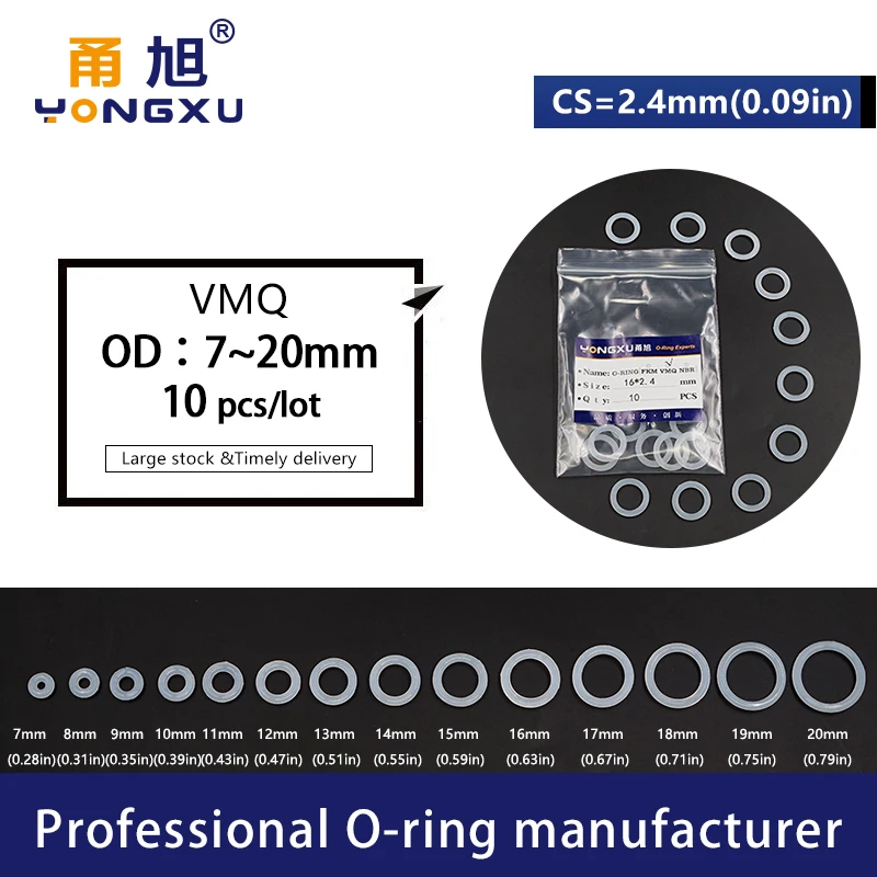 10PCS VMQ O Ring Seal Gasket CS2.4mmOD7/8/9/10/11/12/13/14/15/16/17/18/19/20*2.4 Silicone Rubber Waterproof Washer Nontoxi White