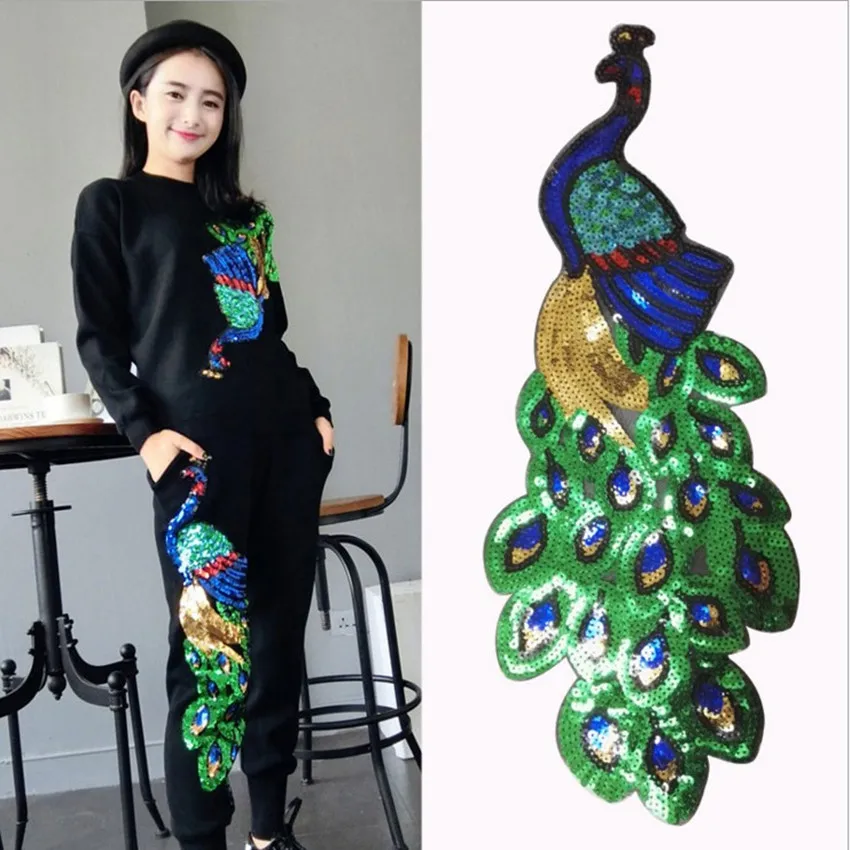 1pcs Colorful Sequin Peacock Embroidery Fabric Large Applique Patch African Lace Iron On Dress Cloth Decorate Accessory Diy