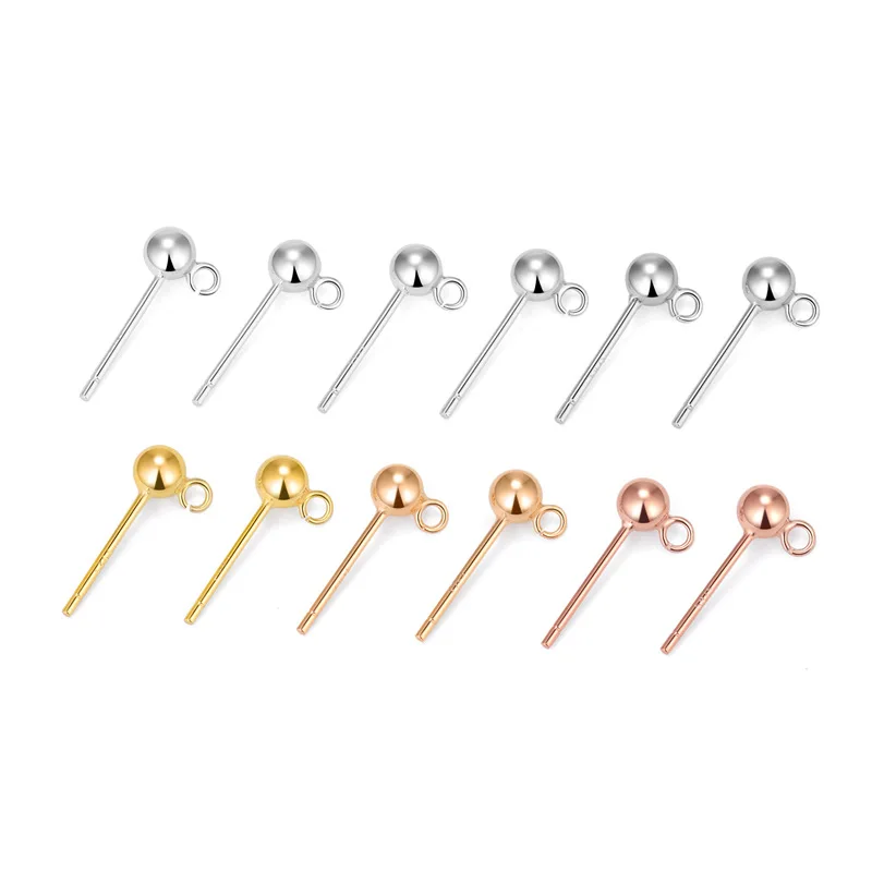 4pcs/lot 100% 925 Sterling Silver Ball Stud Earring With Hoop Dia 3mm 4mm Split Connector Earring Pin DIY Jewelry Findings