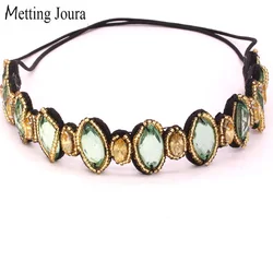 Metting Joura Vintage Bohemian Ethnic Gold Green Beads Knitted Headband Party Stone Elastic Braided Hair Band Hair Accessory