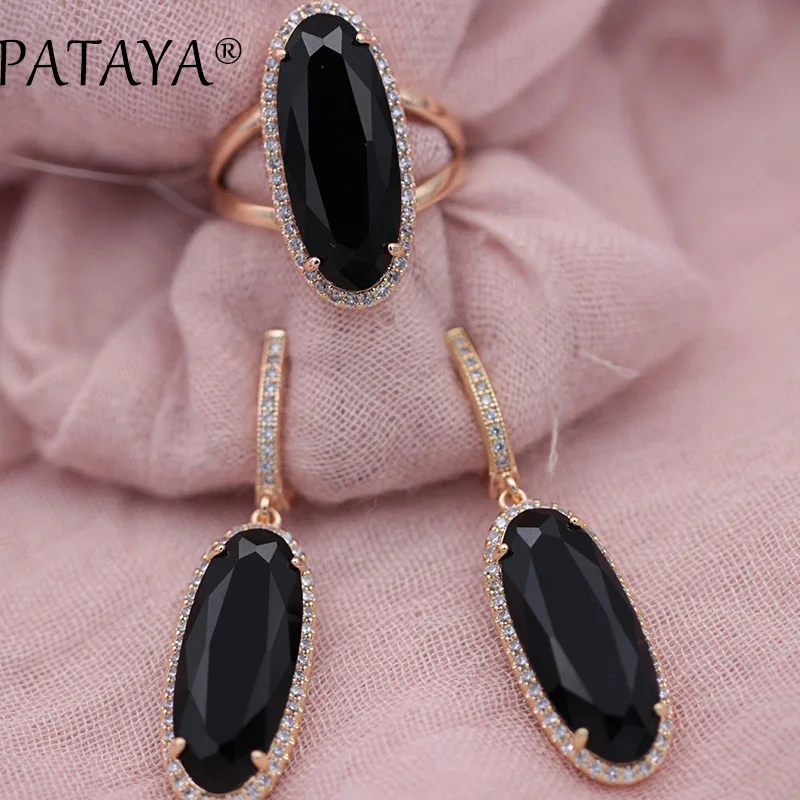 PATAYA New Women Wedding Vintage Jewelry 585 Rose Gold Color Trend Jewelry Sets Natural Zircon Oval Long Earrings Ring Set